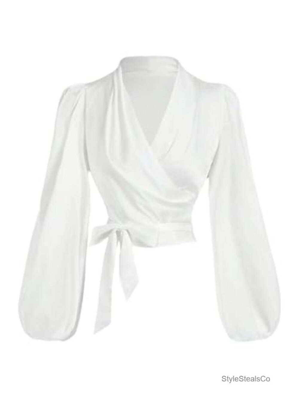 Women's Long Sleeve Wrap V Neck Tie Knot Crop Blouse Bishop Sleeve Top